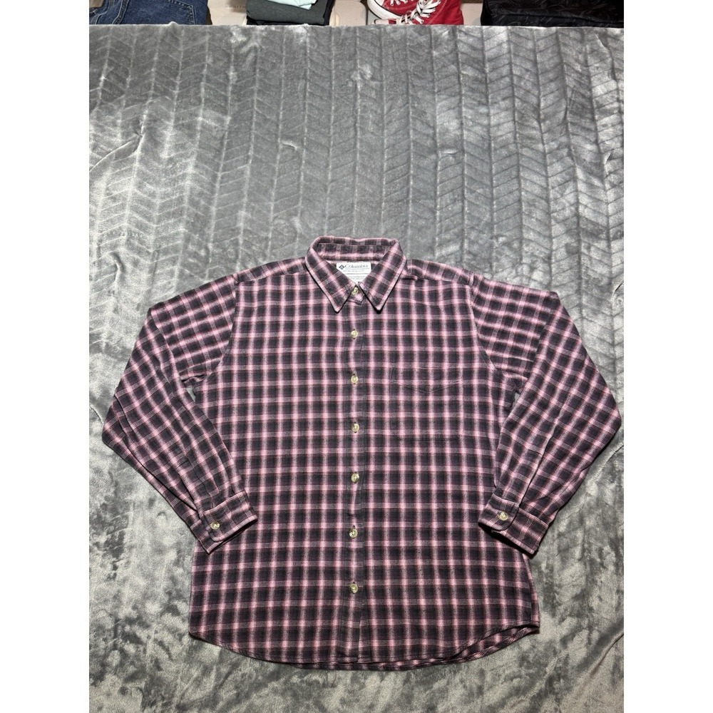 Columbia Cotton Flannel Plaid Button-Up Shirt Pink Black Men's M Long Sleeve
